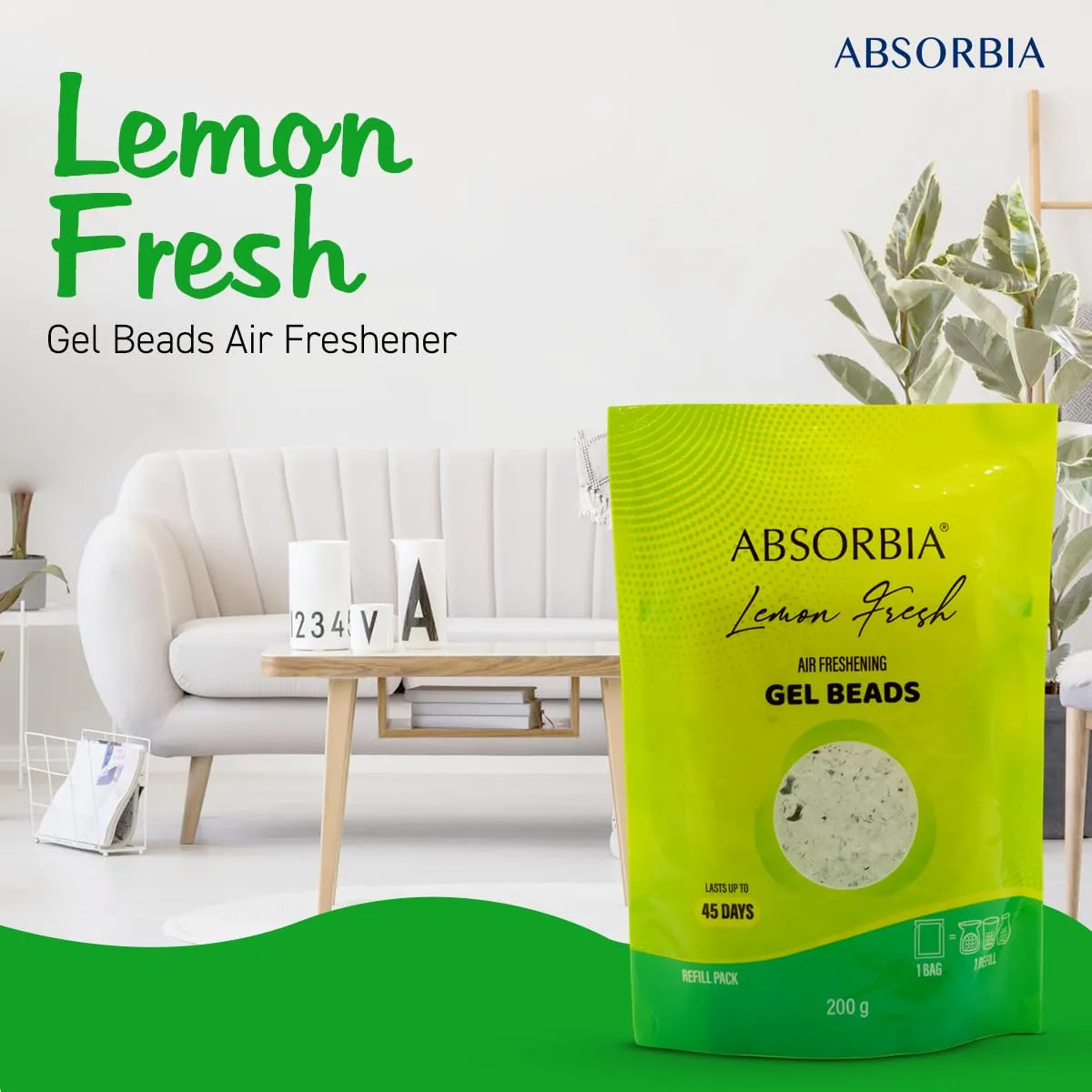 Absorbia Lemon Fresh Gel Beads Air Freshener - 200g with 8ml Refill Pack With decorative glass Jar and Box, and Invigorating Citrus Bliss for 45 Days of Refreshment…