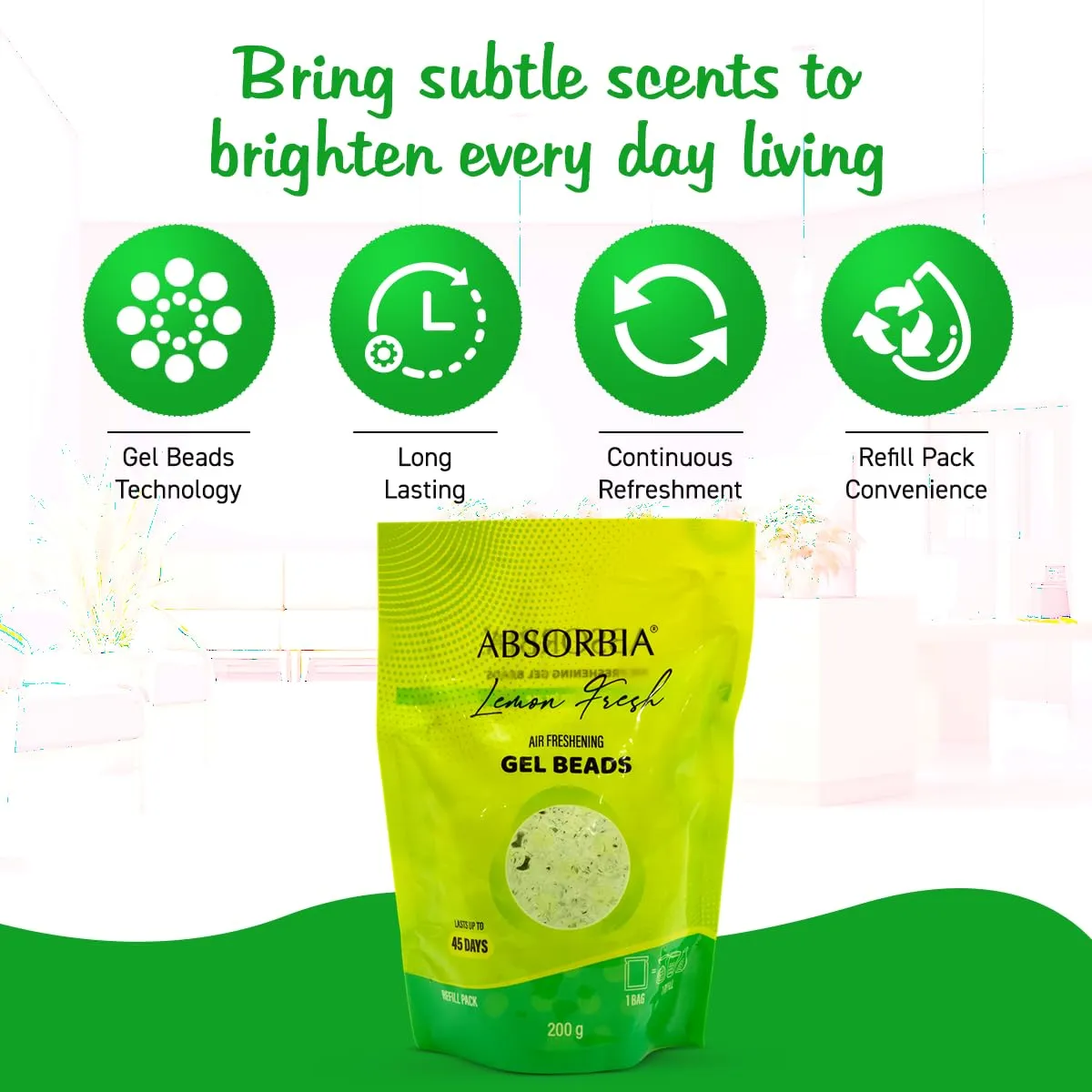 Absorbia Lemon Fresh Gel Beads Air Freshener - 200g with 8ml Refill Pack With decorative glass Jar and Box, and Invigorating Citrus Bliss for 45 Days of Refreshment…