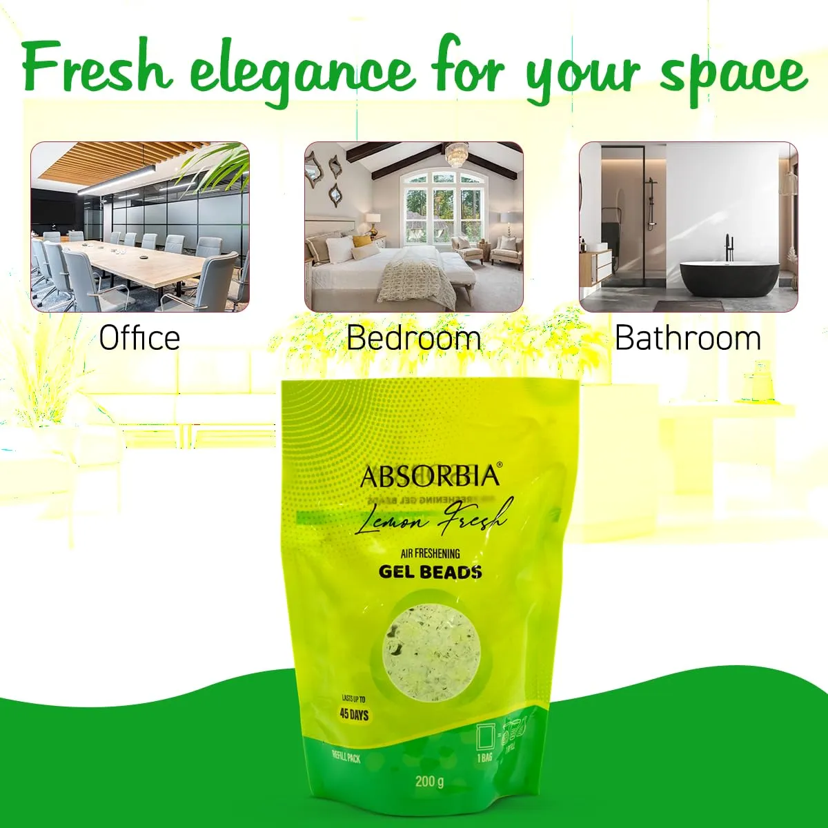 Absorbia Lemon Fresh Gel Beads Air Freshener - 200g with 8ml Refill Pack With decorative glass Jar and Box, and Invigorating Citrus Bliss for 45 Days of Refreshment…