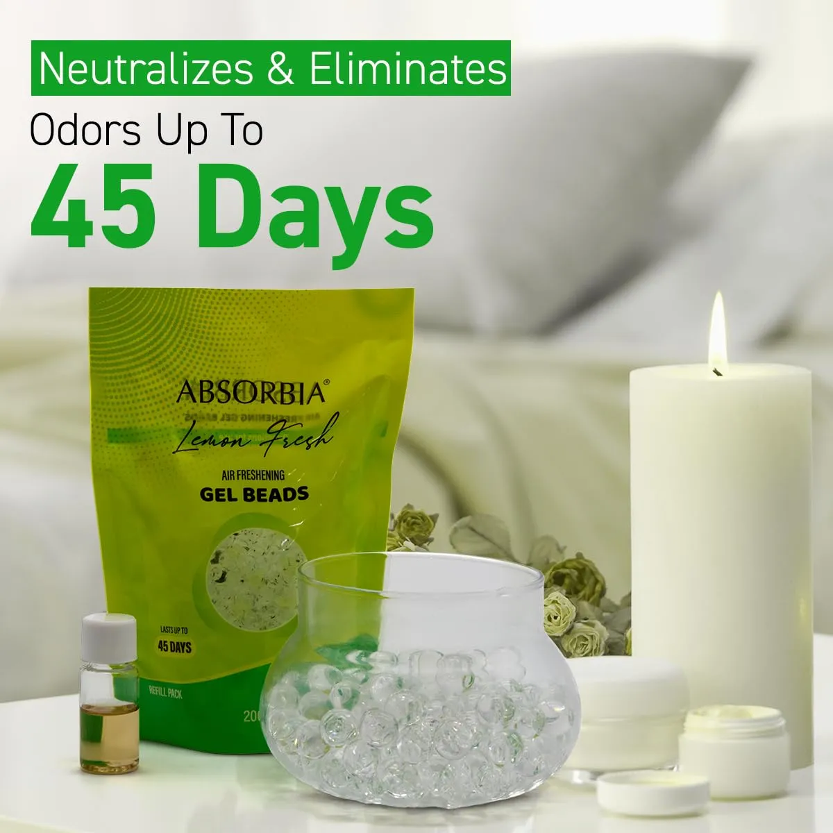 Absorbia Lemon Fresh Gel Beads Air Freshener - 200g with 8ml Refill Pack With decorative glass Jar and Box, and Invigorating Citrus Bliss for 45 Days of Refreshment…