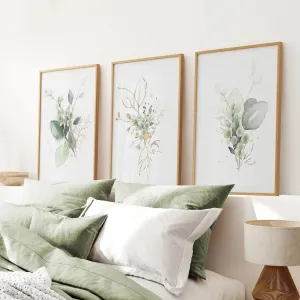Green Watercolor Botanical Herbal Wall Art Set of 3 Prints